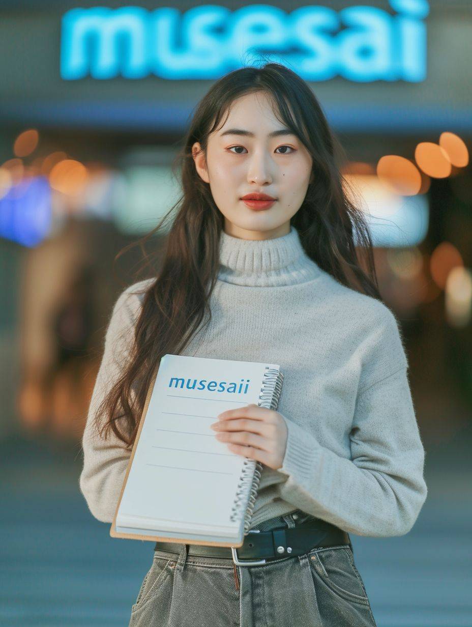 A 25-year-old Chinese girl is standing, holding a notepad in her left hand. “musesai” is prominently written in blue ink on the notepad. The girl is casually dressed, with a neutral expression, looking directly at the camera. The background is blurred, keeping the focus on the girl and the notepad. Natural lighting suggests an indoor setting with ample daylight --ar 3:4 --v 6