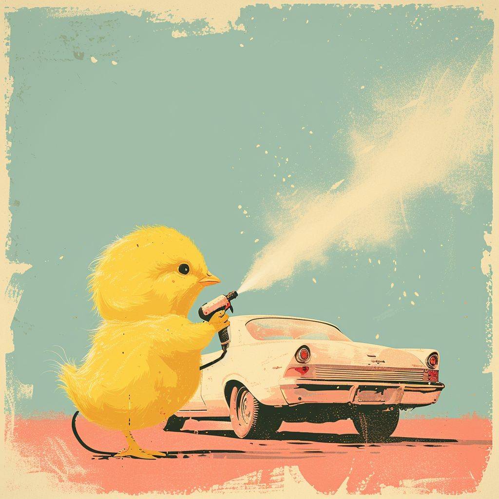 滑稽でミニマリストなイラストで、アクティブにスプレーガンを使って車を塗る黄色のイースターチキンが描かれています。