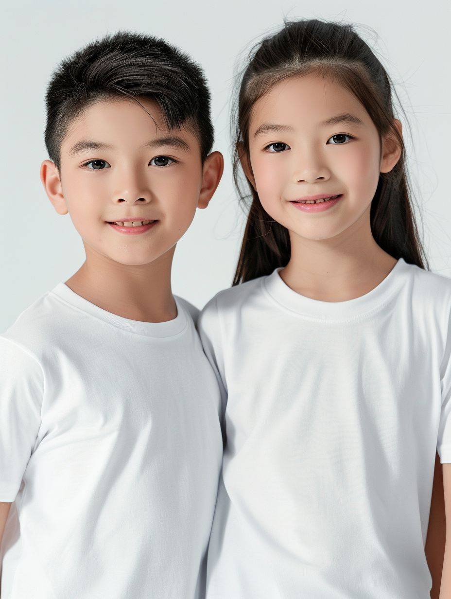 Advertising photography - a beautiful Asian boy and girl, wearing white t-shirts, skincare, bright, white background