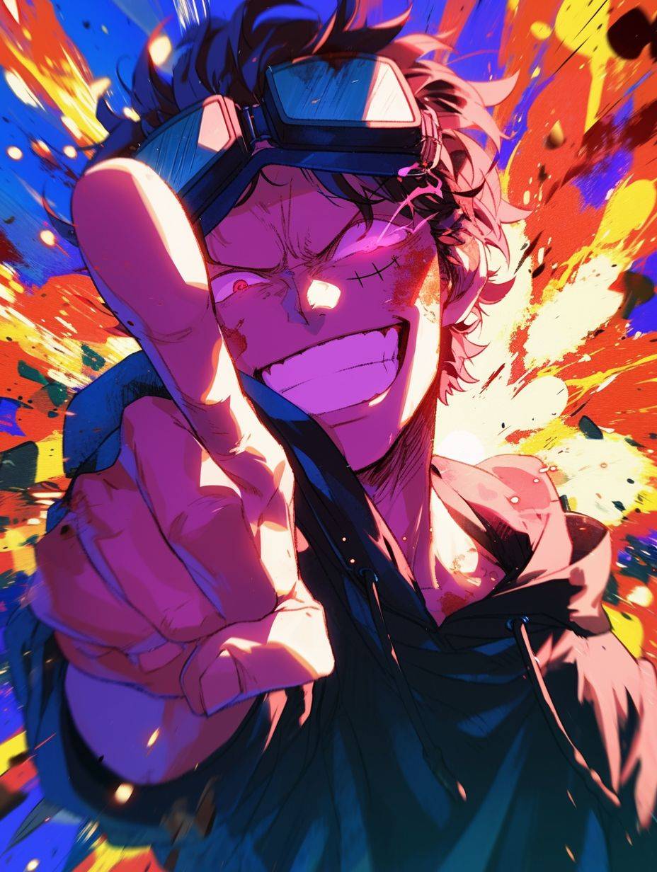 One Piece, Scott Pilgrim style, laughing expression, explosive background