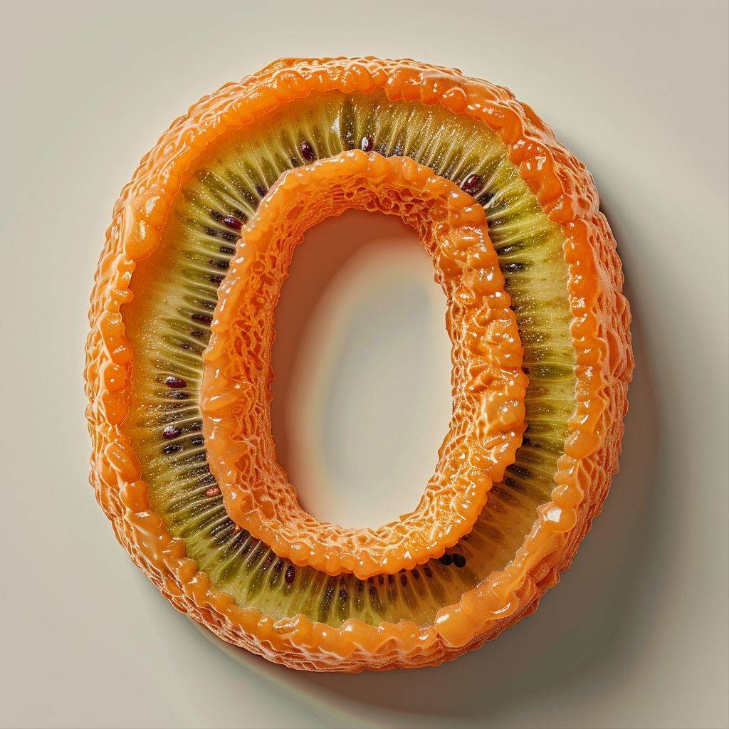 A hyper-realistic image showcasing an extraordinary piece of kiwi pulp, meticulously sculpted into an elaborate Letter O form. This single, standout pulp segment should be the central focus, with its Letter K-like contours and features exquisitely defined.