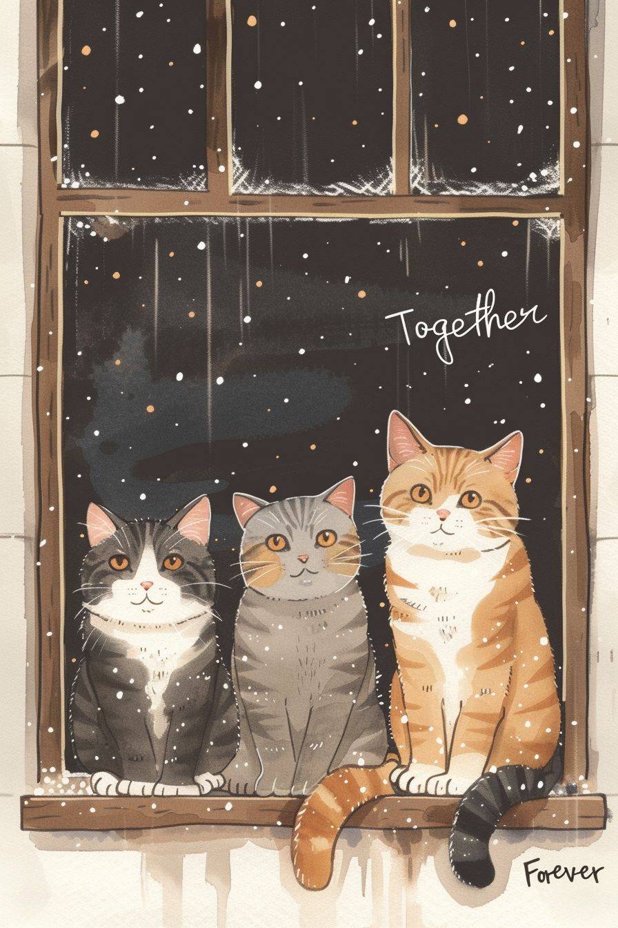 Three cats sitting together on a window ledge, first cat on the right is brown tabby, the cat in the middle is a grey tabby, the 3rd cat is grey with white paws, on shimmering dark amber white surface, charming yet childishly simple minimalistic storybook style, referential stippling art, Kiichi Okamoto, Tomoyoshi Murayama, gouache brushwork mixed with grainy woodblock print, playful hand-drawn gesture, abstract hatching lines and detail, kawaii chibi ukiyo-e, bold pop art aesthetic, vibrant colors, handwritten title "Together Forever"