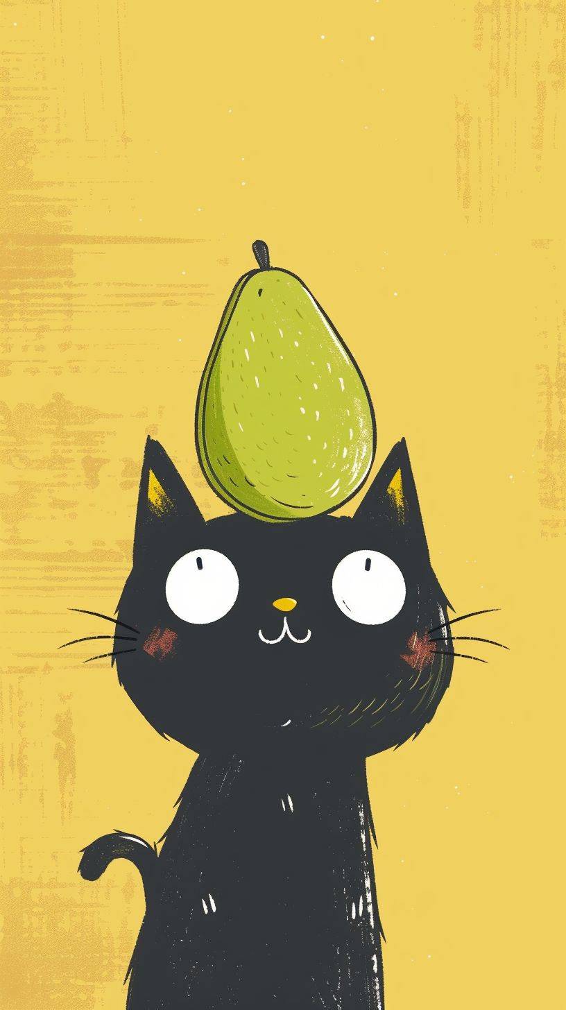 Warm color background board, The little black cat has a huge avocado on its head, wool felt style, Ni Chuanjing hand-painted style, soft picture, This is an animated gif, Vision, Kawaii comics, children's picture books, Outlined with thick black lines, close up, Warm color palette, Cartoon innocent drawing, 2d style, rough edges, Hand Painted, low saturation, Bright colors, Fried hair, Featuring focus stacking, and whimsical animations, All of these are in 2D format, The award-winning --ar 9:16 --v 6