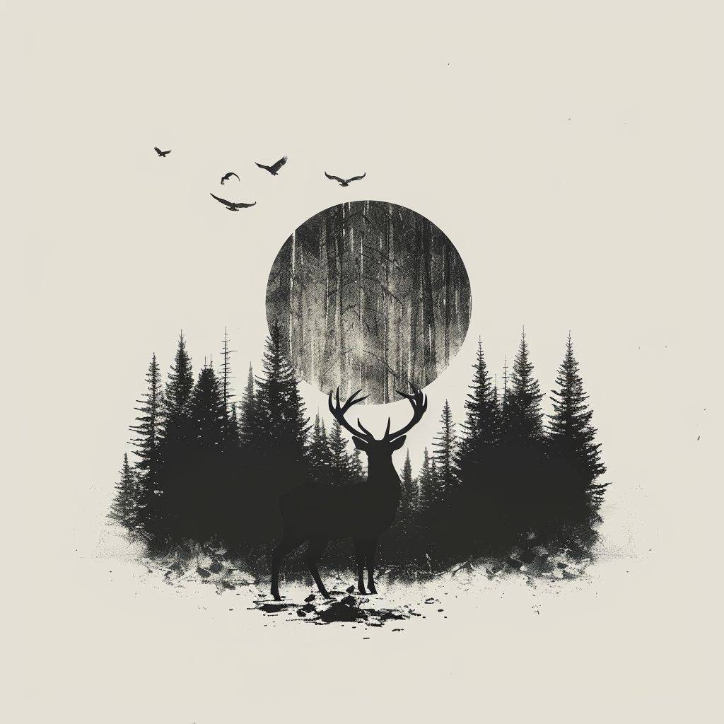 [Silhouette of a male deer in front of a beautiful forestscape], white background, in the style of retro, screen printing, SVG logo, minimalist, black and white, iconic, bold and angular, stark black and white, hard edge, bibliopunk --style raw --stylize 250