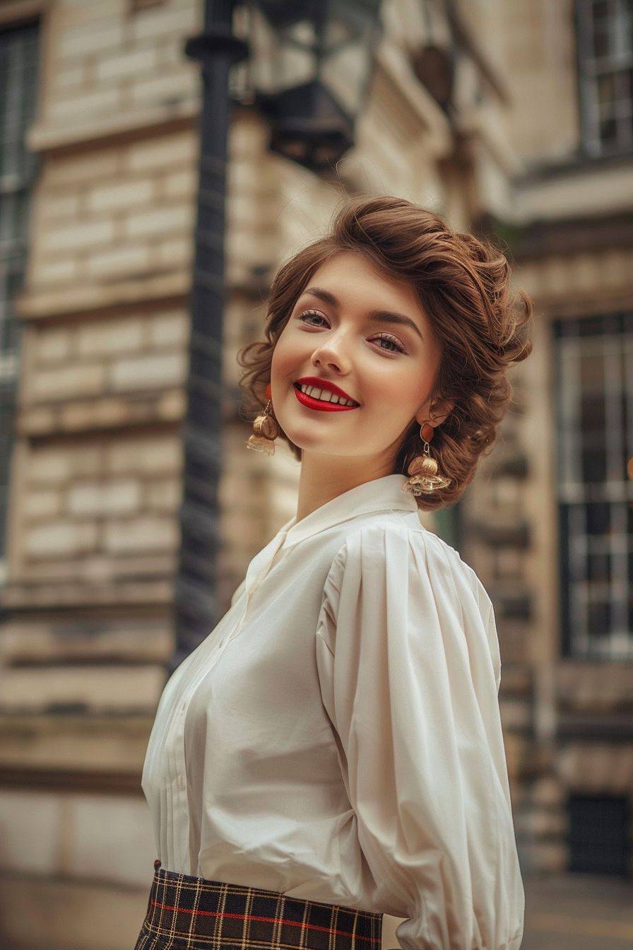 A beautiful woman in old-fashioned 1990s attire, wearing a lovely grunge style skirt made of plaid fabric and striking red lipstick, with delicate light makeup and detailed style, standing in front of a classic building on a London street, smiling and adorned with big earrings in the daylight. The shot was taken using a Phase One XT 104, overexposed by a specialist in high-format cameras, featuring urban underexposure photography with a polarizer filter, f/8, 90mm F/5.6 lens, capturing cinematic figures fading into the fog - ar 2:3