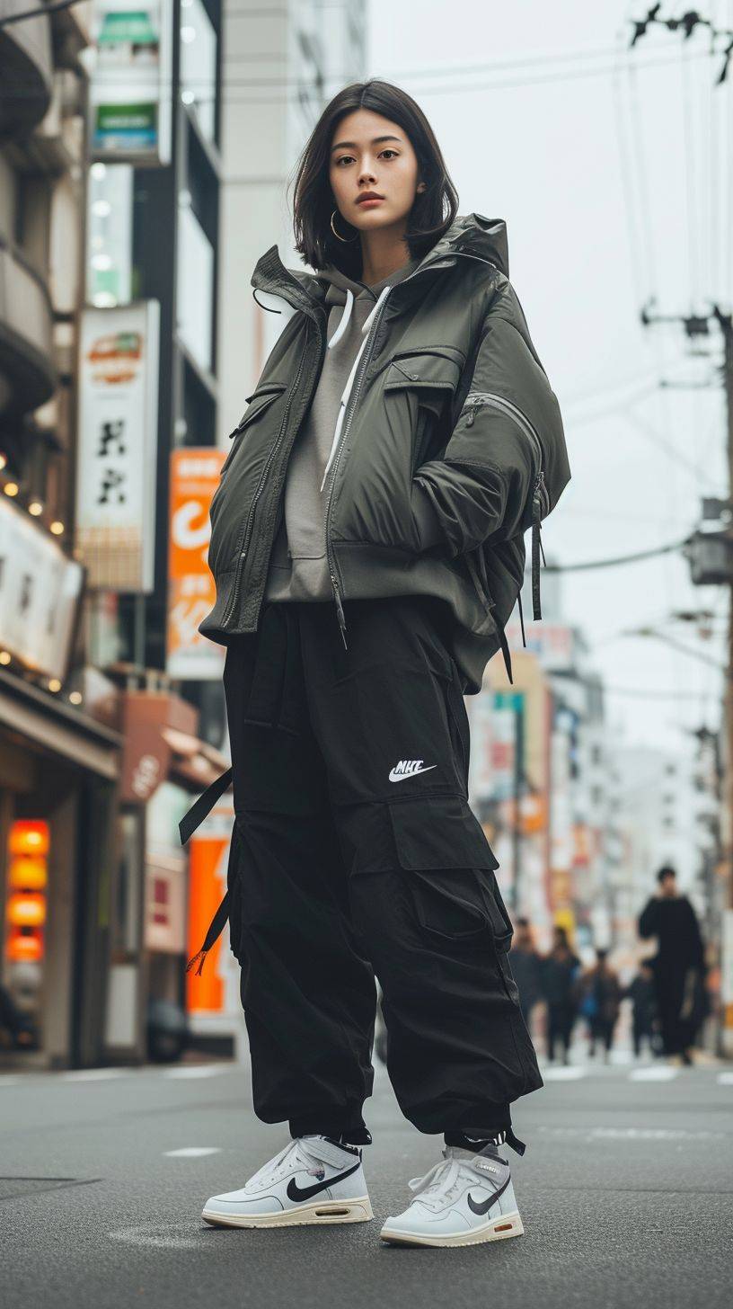 黒髪の27歳女性が東京の通りに立ち、高級ブランドの服を着てカメラを見つめています。足元にはナイキのスニーカーがあります。