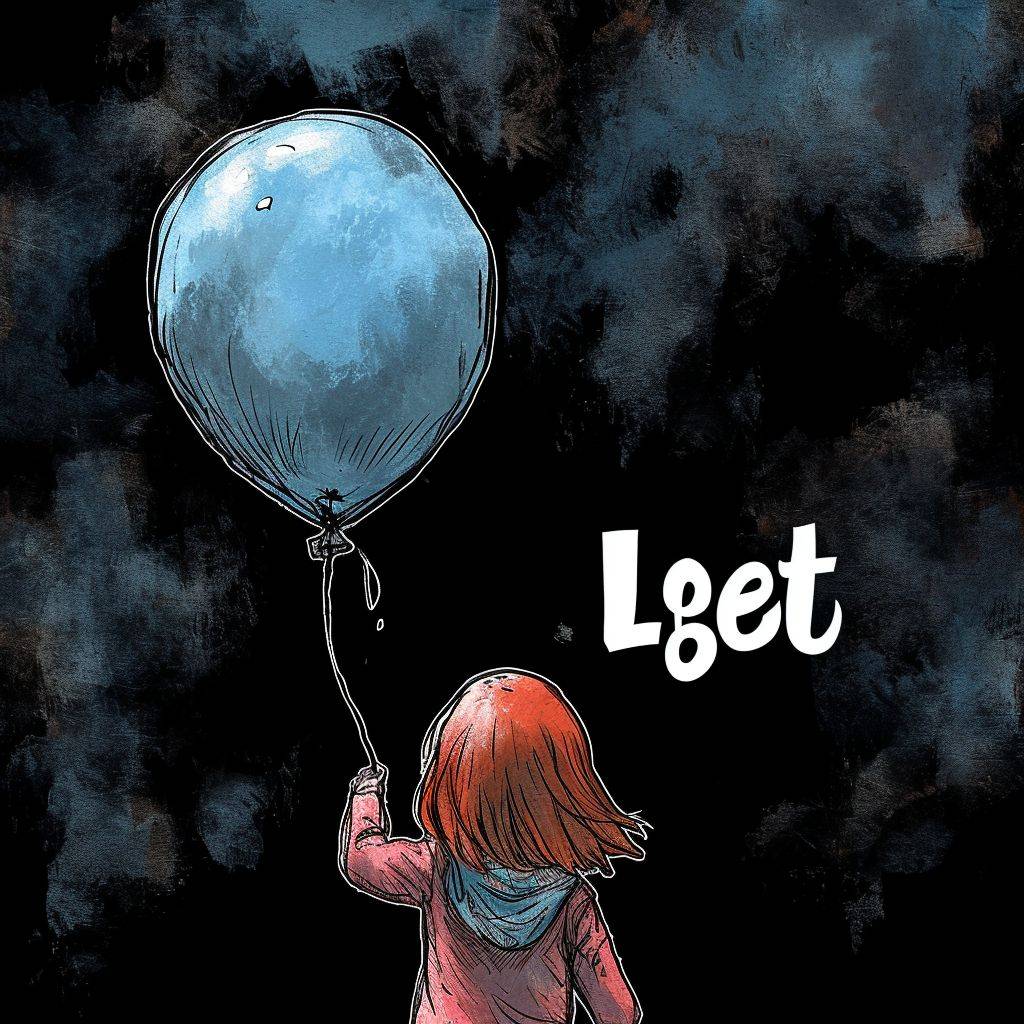 A girl letting go of a balloon, camera facing her back, 'Let go' in a speech bubble --v 6.0