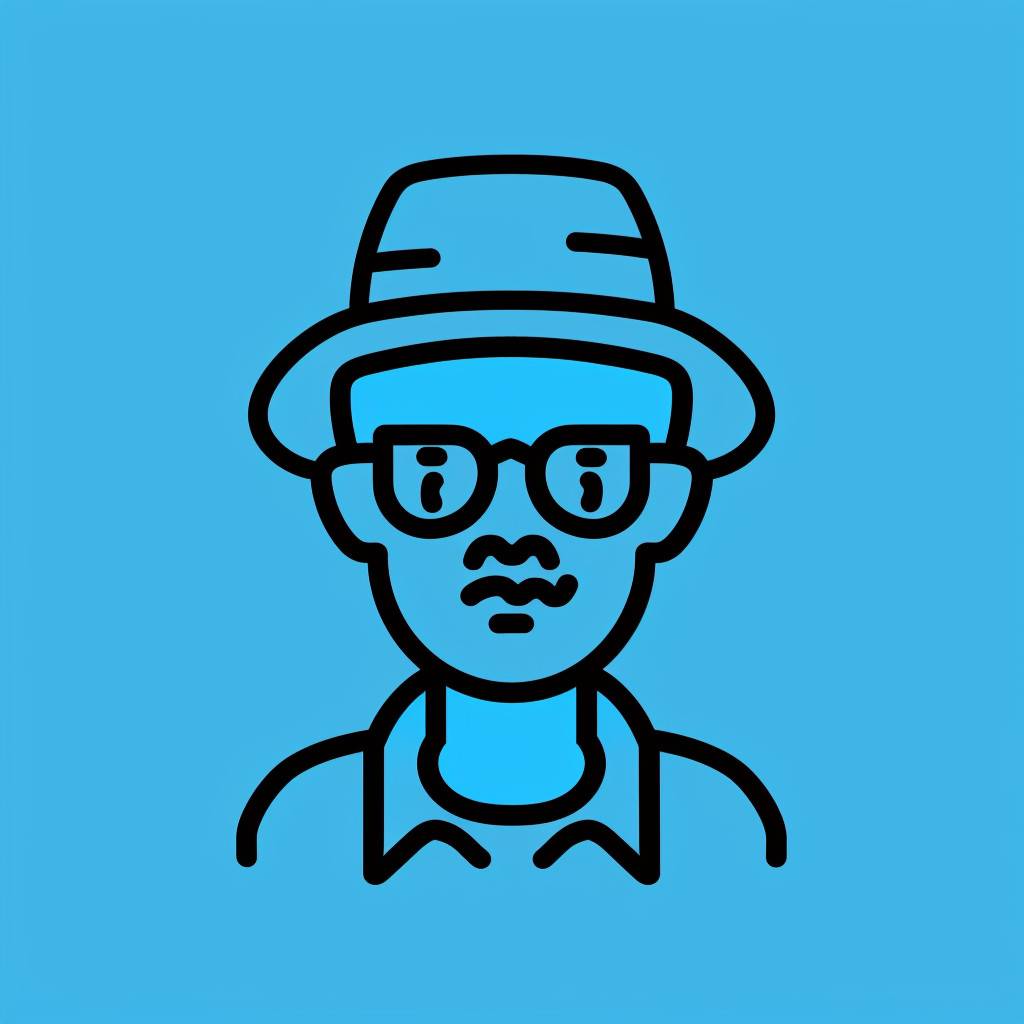 Graphic LOGO, a middle-age man wearing a duckbill hat, black and blue lines, UI, ux, APP, flat design, minimalism, flat style, line art, Pinterest, dribbble