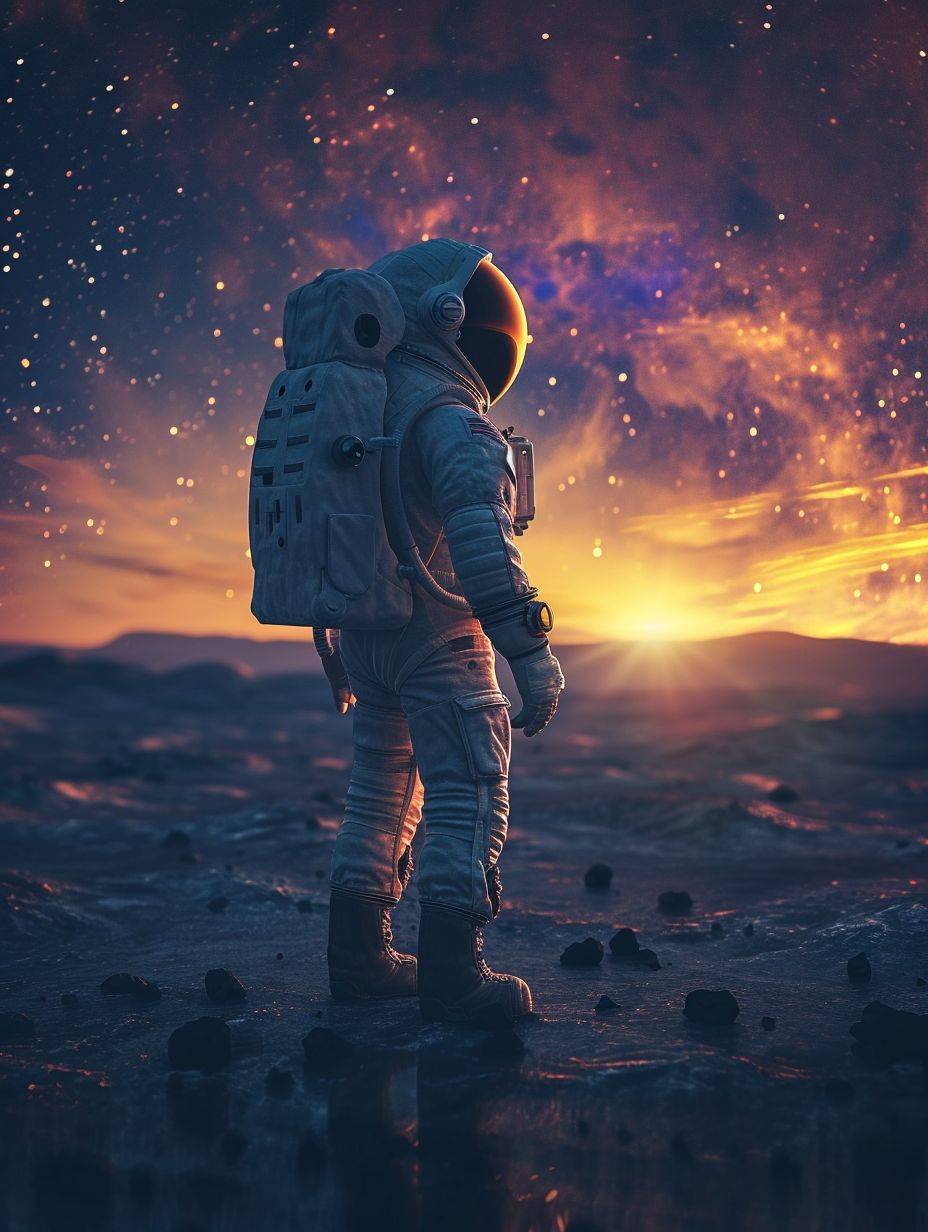 An astronaut stands in the dark with stars viewing the sunset, in the style of detailed fantasy art, 32k uhd, bokeh, pencil art illustrations, quantumpunk, imaginative characters, photorealistic detailing