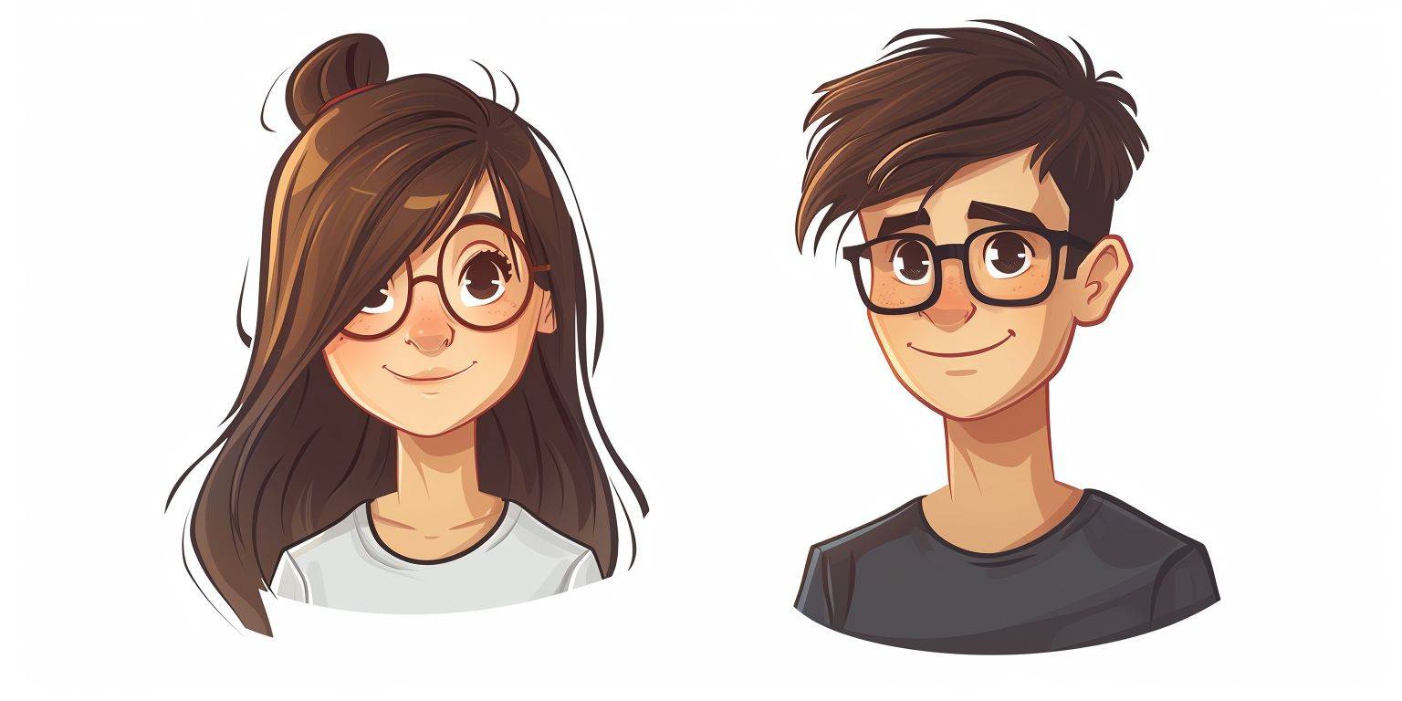 Couple avatar, one side is a girl, the other side is a boy, cartoon style.