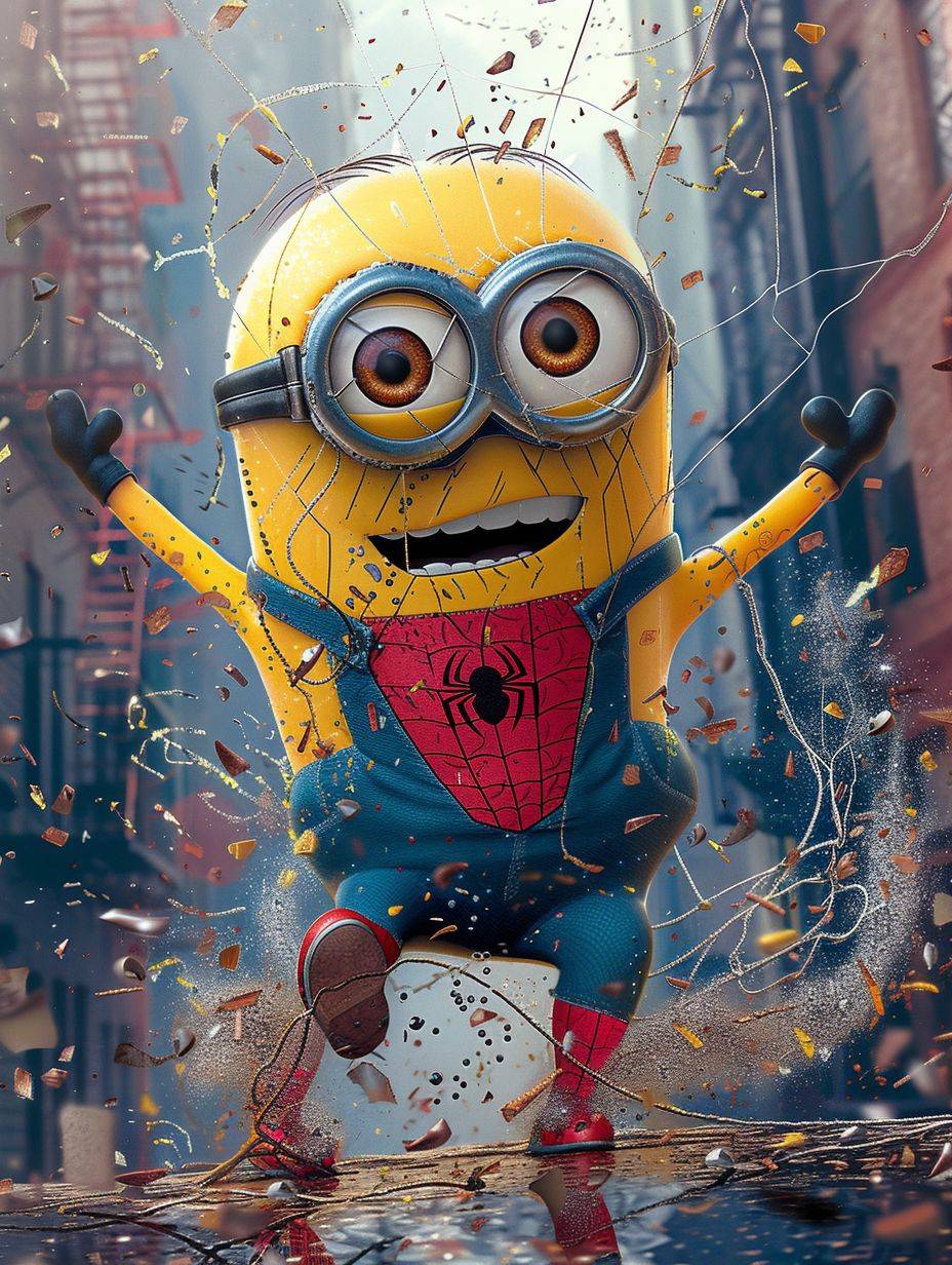 Create a delightful and whimsical image of a Minion transformed into Spider-Man. Envision the Minion wearing Spider-Man's iconic costume, complete with the mask and web-slinging accessories. Picture a playful fusion that captures the charm and humor of both the Minion and Spider-Man. Emphasize the comical nature of this unexpected mash-up in a visually entertaining composition.