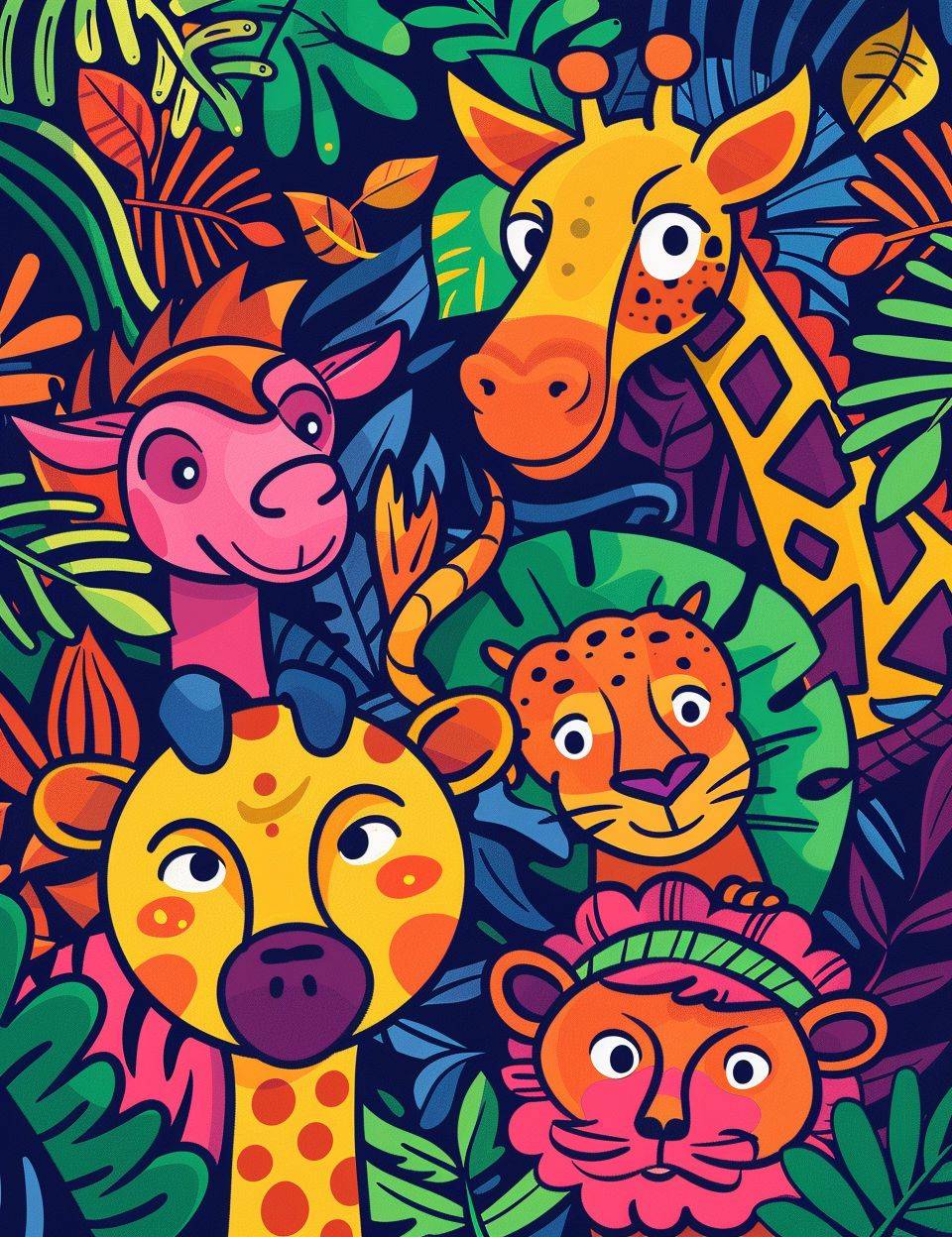 Colorful illustration of animals and babies, no text in image, coloring background, illustration, cover