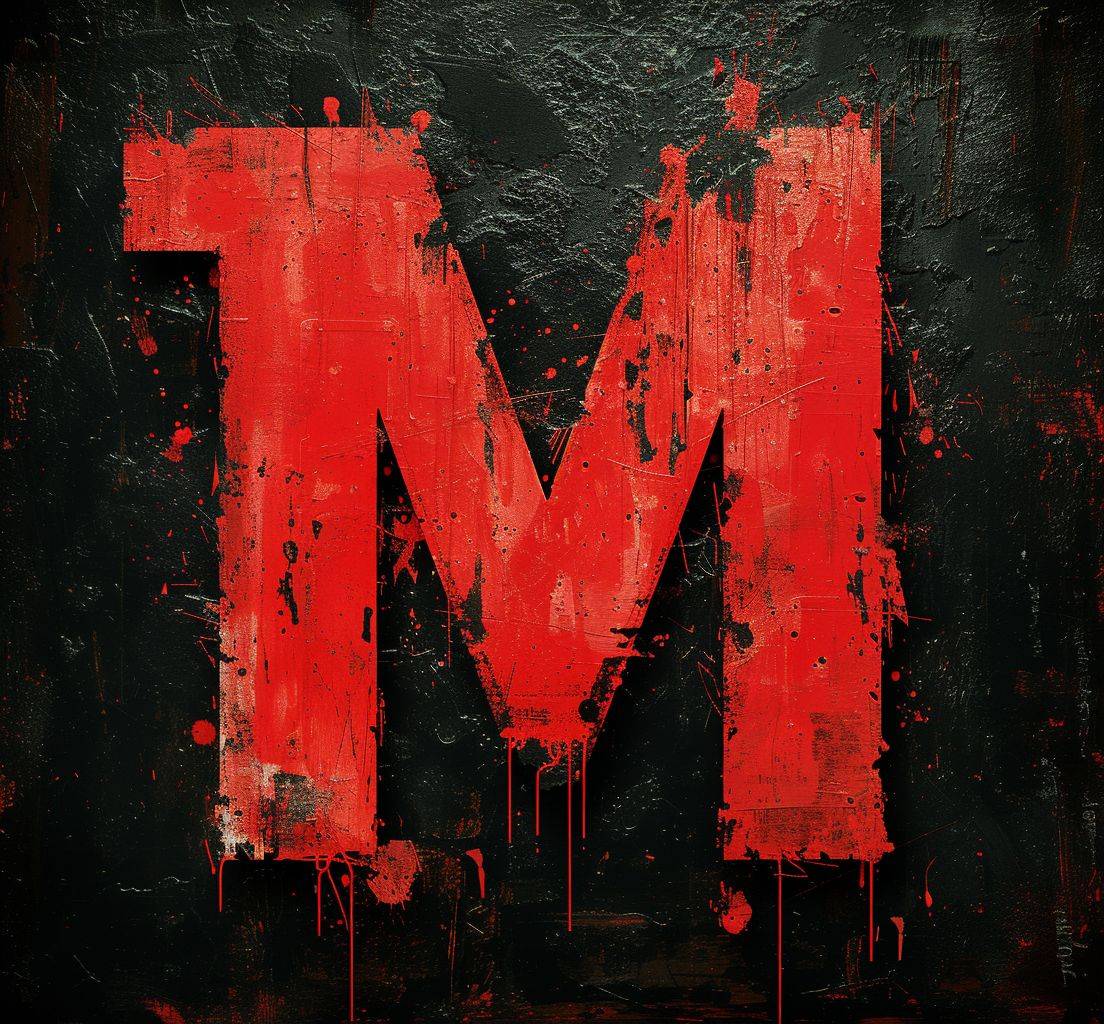 A black background with a red logo featuring a red M in the middle, in the style of multiple filter effect, 20 megapixels, Kodak Plus-X, digitally enhanced, extremely gendered, superflat style