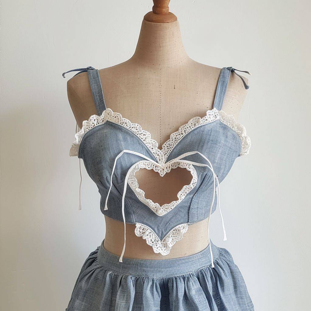 A woman's top in the shape of a heart with straps, it's made of dusty blue linen material and has white lace trim around the heart, intricate details and looks professionally sewn, accurate, realistic, on a dress form by itself with a white background