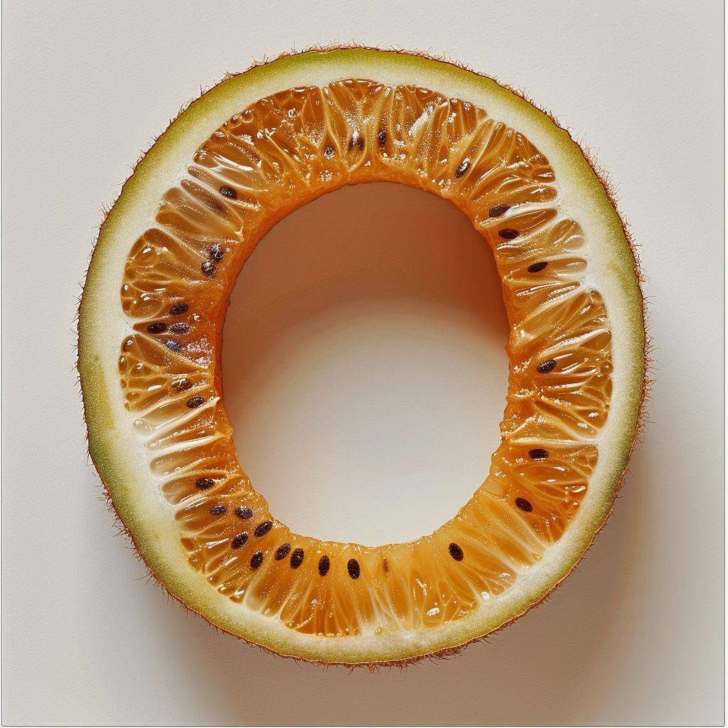 A hyper-realistic image showcasing an extraordinary piece of kiwi pulp, meticulously sculpted into an elaborate Letter O form. This single, standout pulp segment should be the central focus, with its Letter K-like contours and features exquisitely defined.