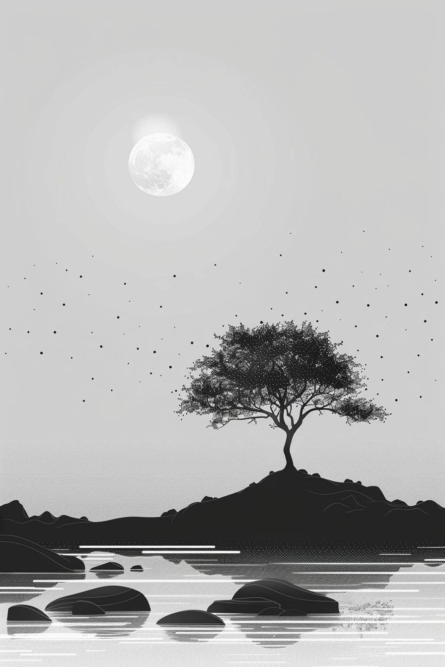 このマグカップには、静かな風景のミニマリストなラインアートが描かれており、月明かりの下で一本の木が描かれています。