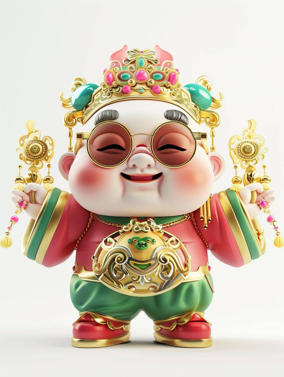 Ceramic, Pixar style, festive Chinese cute God of Wealth wearing sunglasses, pink, green, gold, cartoon character, clean white background, 3D rendering, C4D