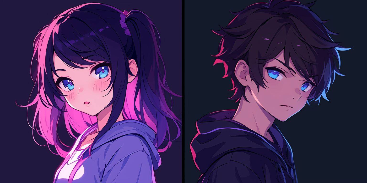 Couple avatar, one side is a girl, the other side is a boy, cartoon style.