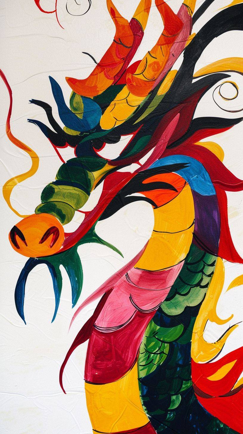 モード・ルイスによる描かれた中国の龍、ヘッドクローズアップ、抽象的なシンプルな線、イラスト、ピカソ、マルチカラー、高度なカラーマッチング、白い背景、18k