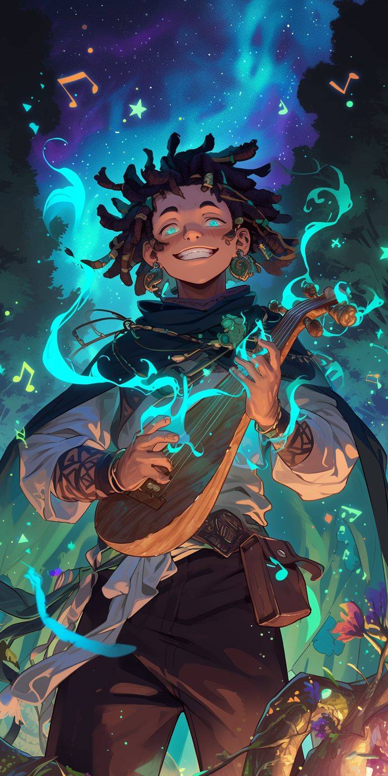 Half body anime DND character frontal portrait drawing of a smiling small short tanned skin happy hippie halfling hobbit bard guy with black dreadlocks and stubble and teal headscarf, standing and playing a lute while smoking an ancient wooden pipe, colorful teal purple blue swirling smoke around him, at night under starlight in the magical forest, wearing a teal poncho with brown swirl symbols, wearing green round sunglasses, happy stoned high expression, glowing musical notes floating in the air, clean outlines, lush green forest background