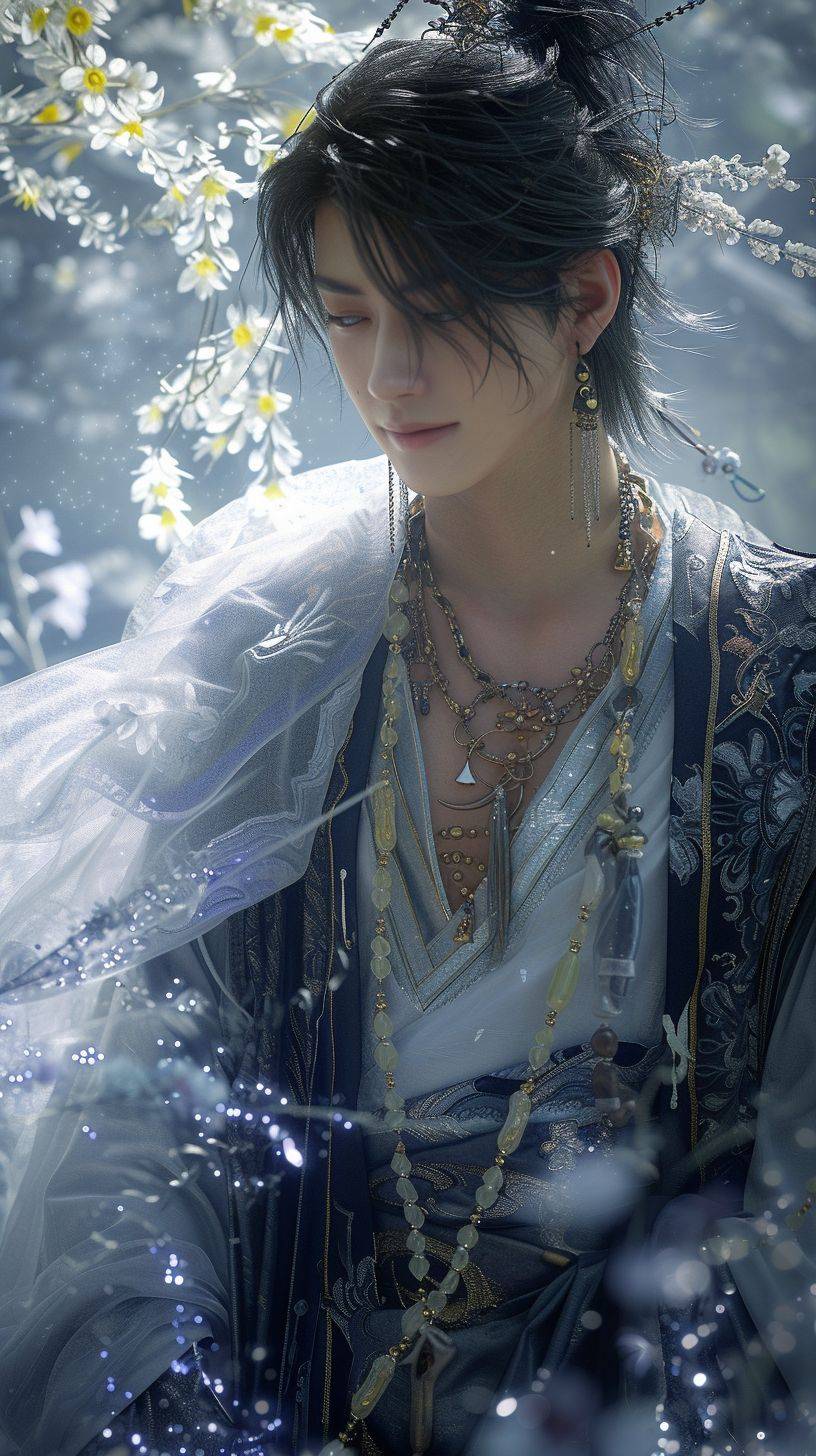 A 29 year old Chinese boy wearing a necklace, Taoist clothing, inspired by Sim Sa jeong, Azure. Fine hair, Prince Shunten, antique style artwork, fantasy aesthetics Guvez, mist, god of spring, 8K high-quality/detailed art, sweet smile, full body shot, spring scene, action shot, super realistic, 8K --ar 9:16 --v 6