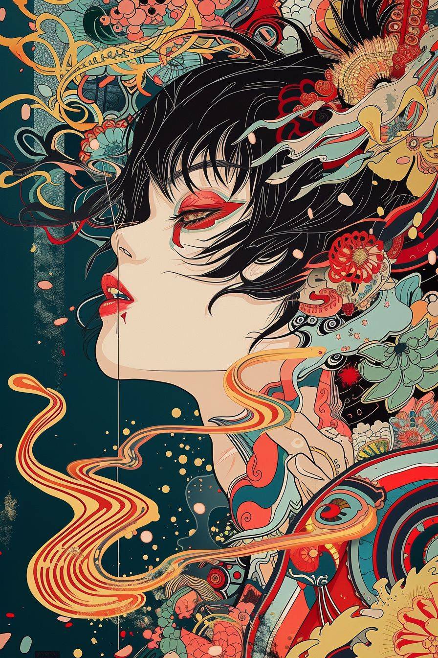 Vintage anime characters poster with fractal patterns and psychedelic elements