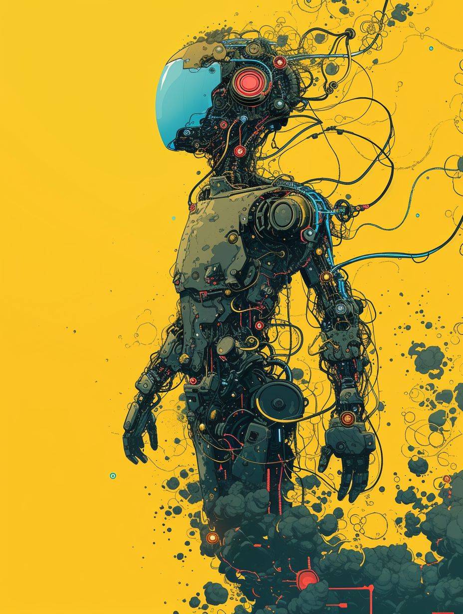 Japanese cartoon style, YELLOW background, the soul coming out from a robot, the soul is levitating, very detailed, mechanical, electrical.