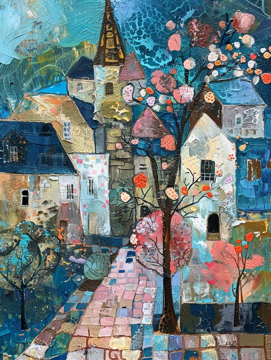 Traditional French refined village with tree and flower cathedral, medieval oil painting by Picasso