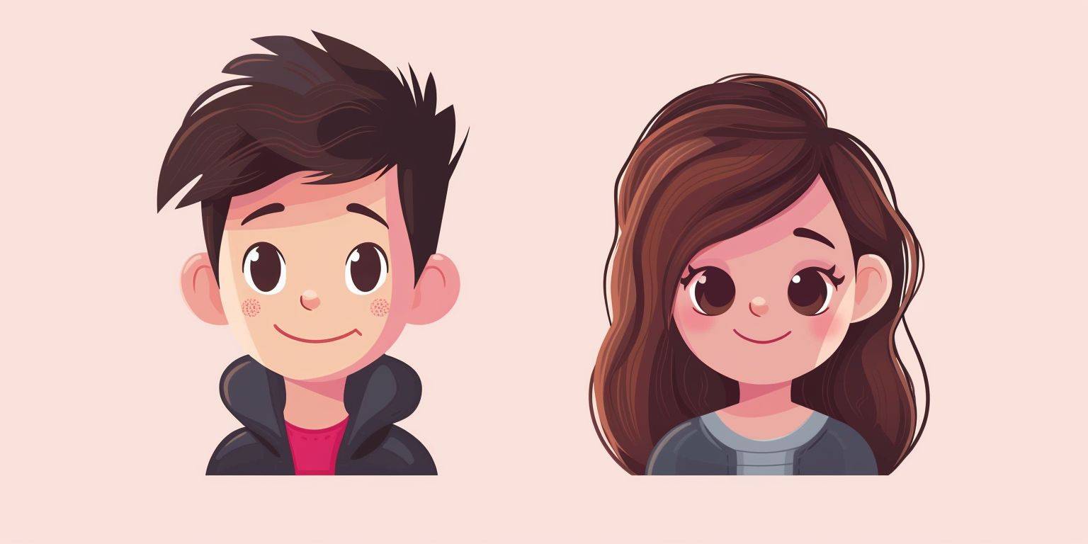 Couple avatar, one side is a girl, the other side is a boy, cartoon style.