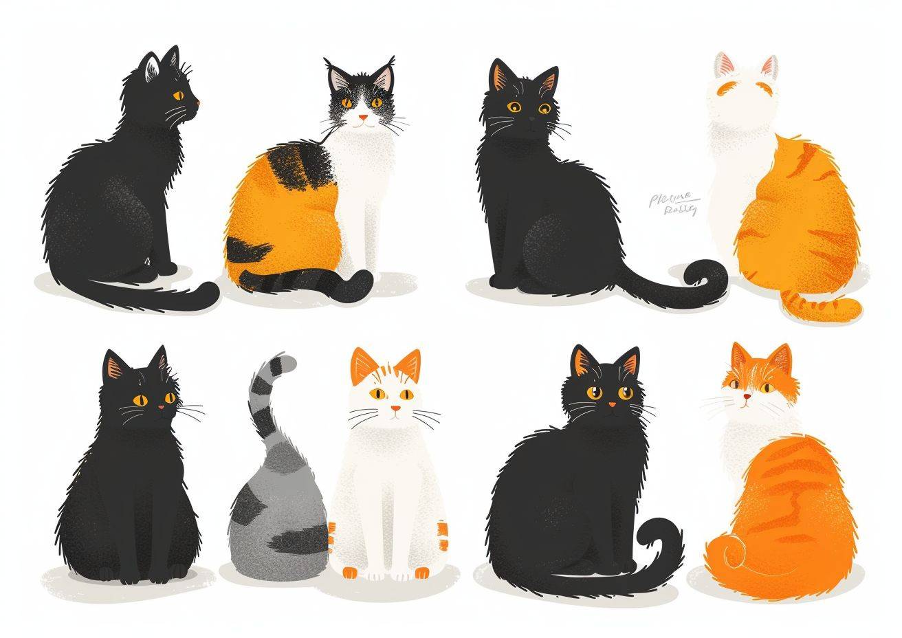 Fluffy cartoon drawing of different cat breeds on a white background in different color squares, with a raw style, aspect ratio of 7:5, frame rate of 6, and stylize level of 250.