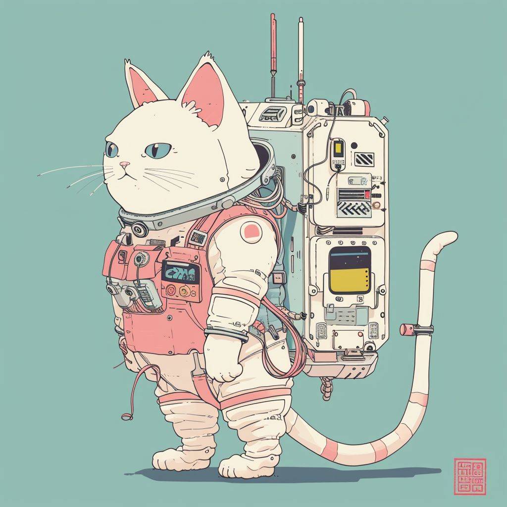This is a neo-pop clip art of a space cat carrying a high-tech backpack filled with supplies, tools, and gadgets for its travels. The backpack can unfold into a mini workstation or shelter for the cat when it needs to rest or take refuge. With a crisp, minimal drawing, pastel colors, Japanese-inspired poster art, and intricately detailed minimalism.