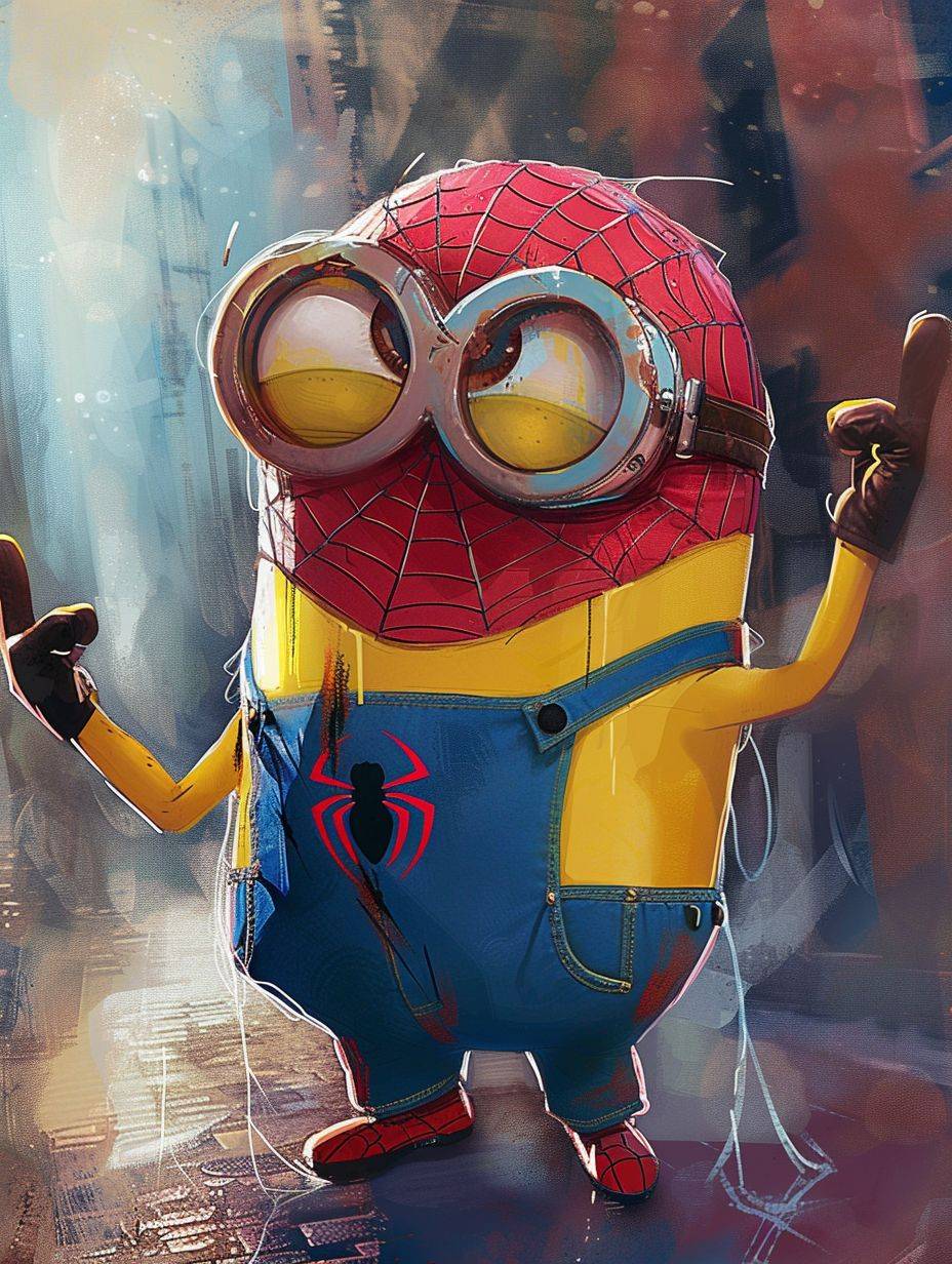 Create a delightful and whimsical image of a Minion transformed into Spider-Man. Envision the Minion wearing Spider-Man's iconic costume, complete with the mask and web-slinging accessories. Picture a playful fusion that captures the charm and humor of both the Minion and Spider-Man. Emphasize the comical nature of this unexpected mash-up in a visually entertaining composition.