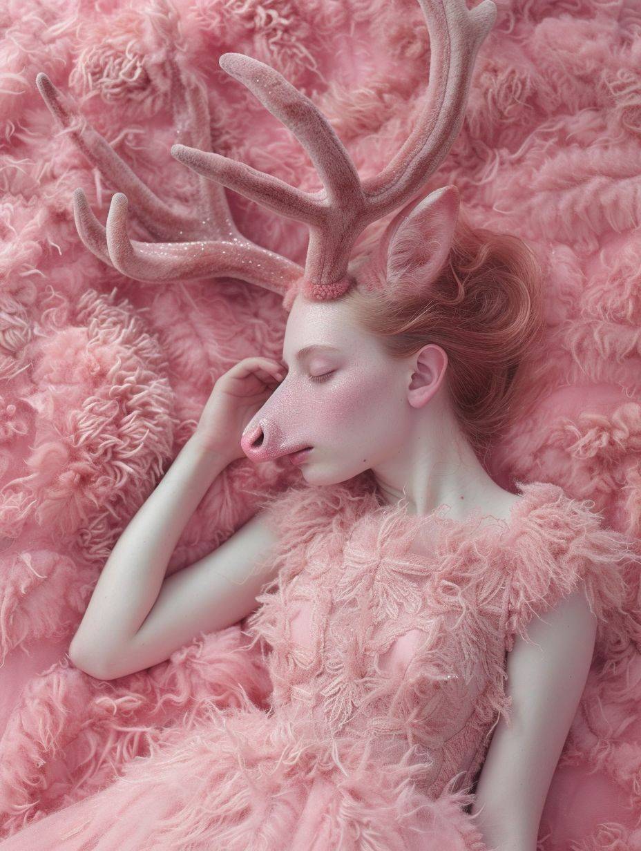 ファインアートの写真で、シーンは上から撮影され、女性が鹿の顔を持って静かに眠っている様子が捉えられています。写真のスタイルはピンク色で、不気味で奇妙ですが、全体が恐ろしいロマンスに溶け込んでいます。