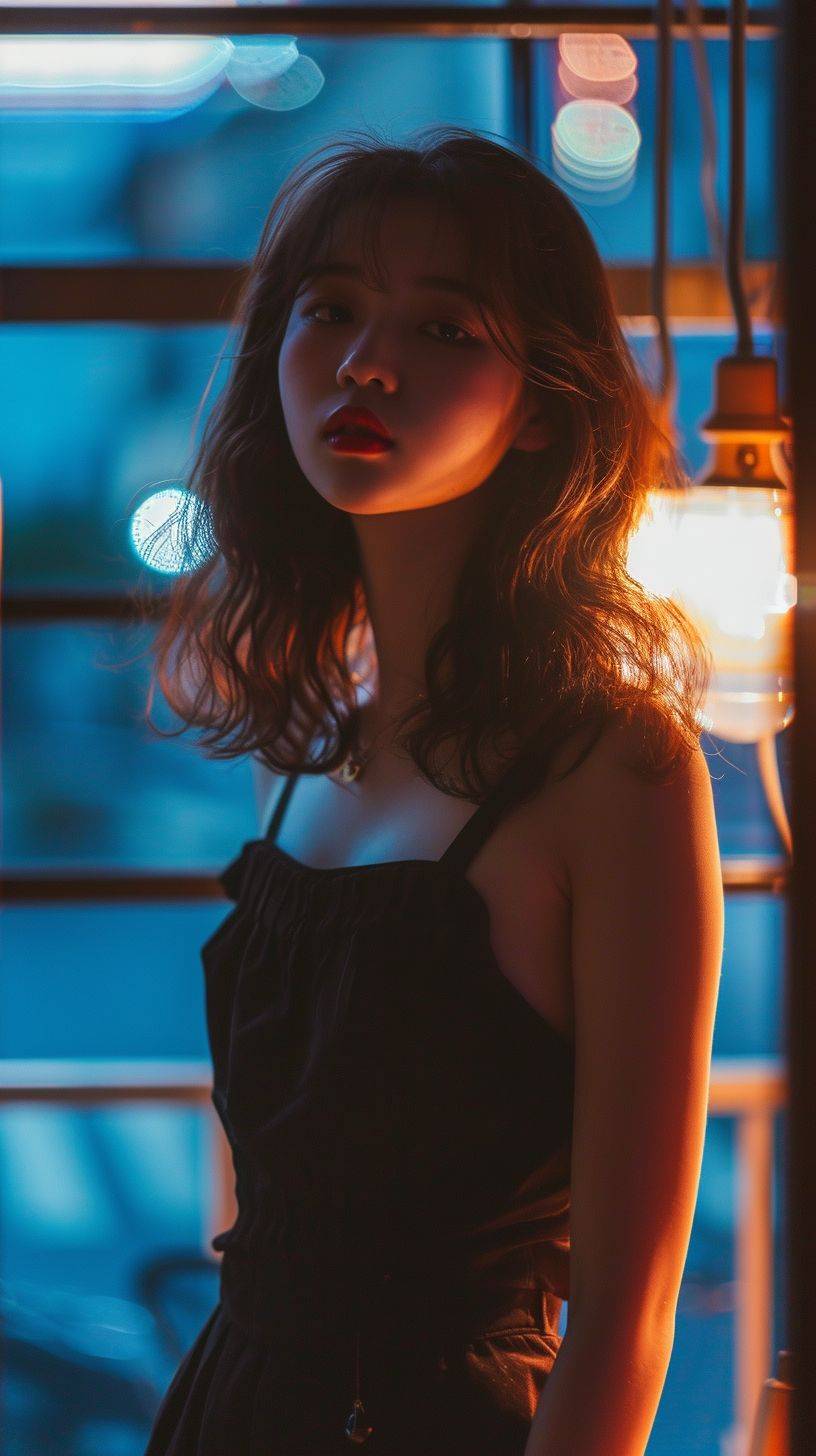 Japanese female idols, fashion, photography, dimly lit in the evening, indoors, everyday one shot