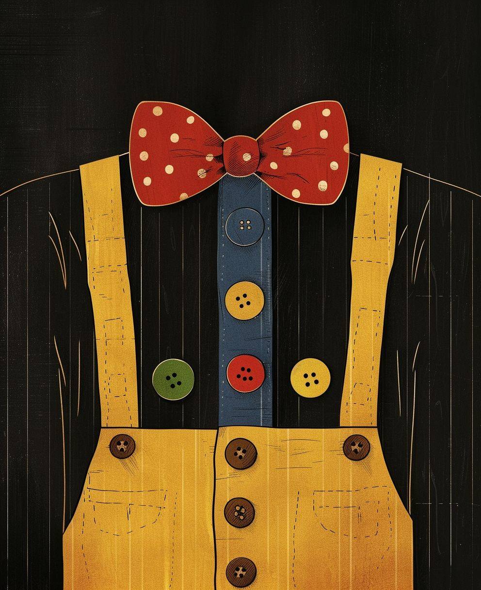 The illustration has a black background with a red bow tie adorned with white polka dots at the top. Two yellow suspenders hang from the shoulders. Dotted lines, suggesting stitching, run down to two brown buttons, which resemble the fastenings on the suspenders. In the center of the torso are 4 oversized colored buttons, in green, blue, yellow and red.