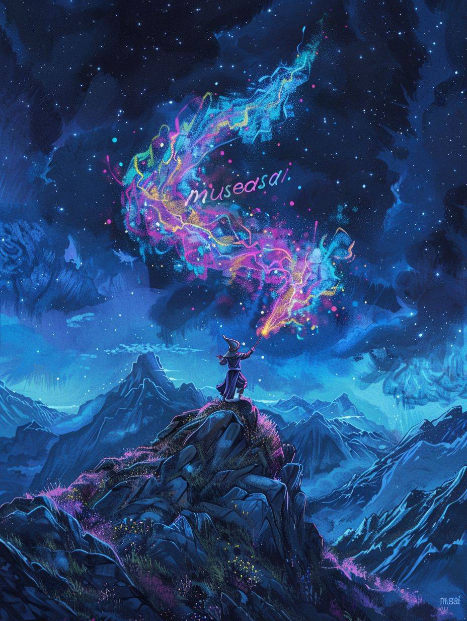 Epic anime artwork of a wizard atop a mountain at night casting a cosmic spell into the dark sky that says 'musesai' made out of colorful energy