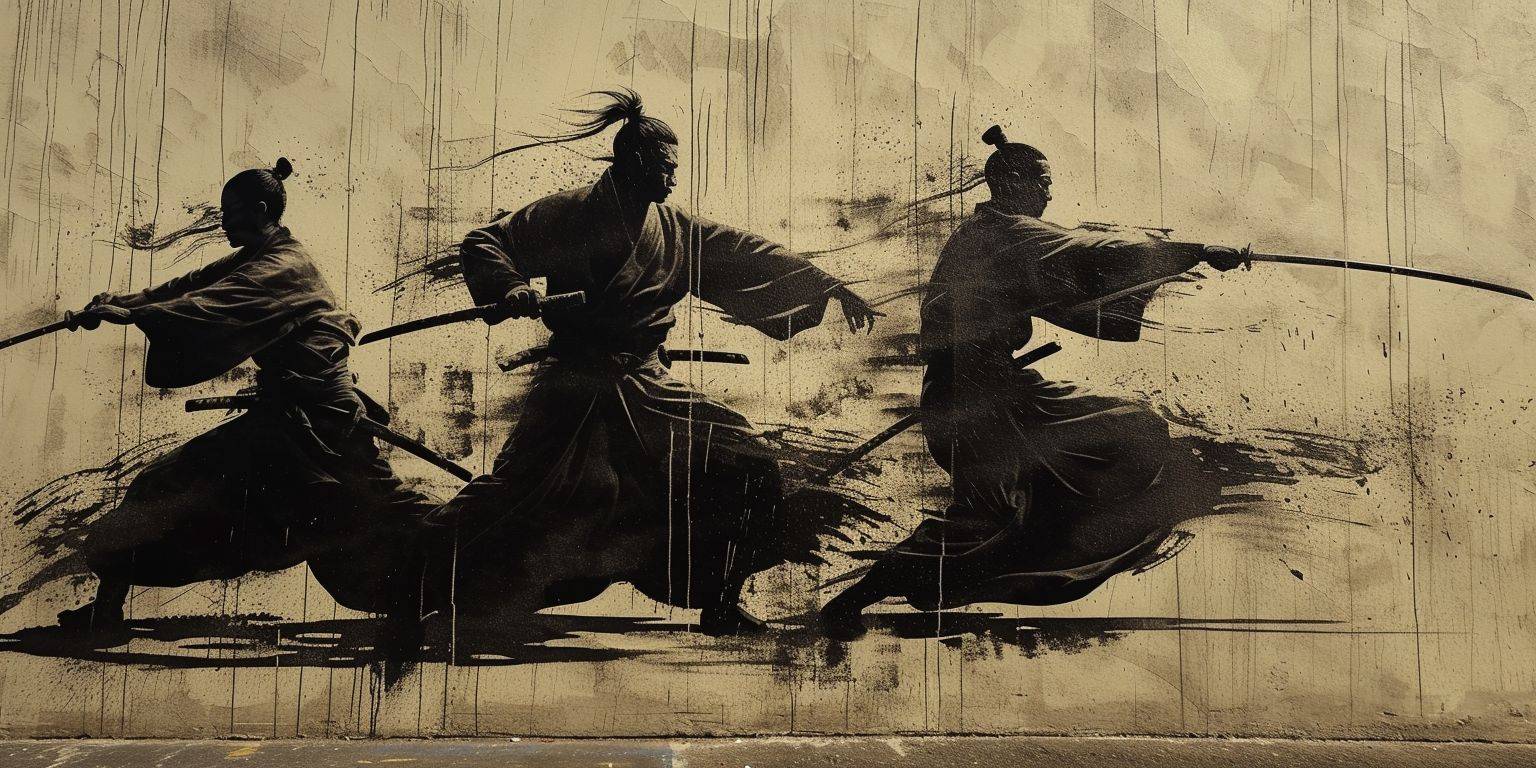 Stylized Stencil Art | Samurai in Dynamic Poses | Urban Wall as Canvas | Monochromatic with Sharp, Clean Lines | Bold, Simplified Shapes Highlighting Movement