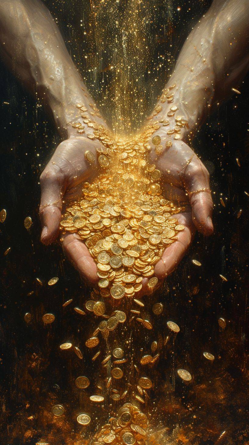 Conclude with an image that captures the hands still holding the overflowing golden coins, surrounded by an all-encompassing golden brilliance. The scene epitomizes a moment of unparalleled affluence and prosperity, leaving an indelible impression of boundless wealth.