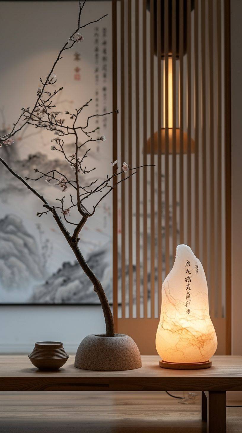 Chinese writing is displayed on the wall in the cinematic lighting style, complemented by decorative vessels, time-lapse photography, bright white and beige scenes, mori kei, and handcrafted beauty.