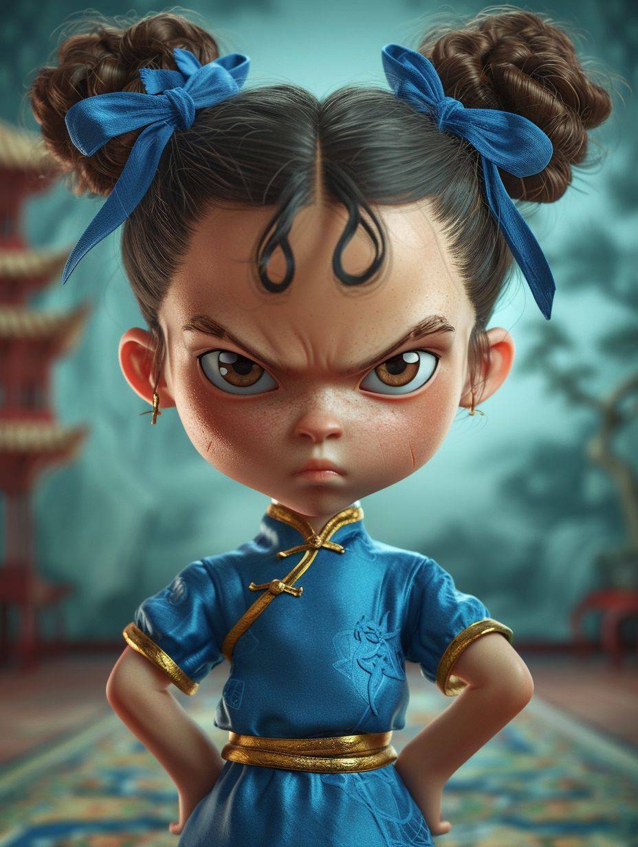 ストリートファイターのキャラクター春麗の写真、誇張された5歳の女性武道指導者のキャリカチュア、全身のポートレート、特徴的な青いチャイナドレスと青いリボンを着用—通常、髪は二つの青いリボンで二つ結びにされており、自然な表情。lilia alvaradoとsarah andersenによるスタイライズ--縦横比3:4--スタイルraw--スタイリズ300--v6.0--縦横比3:4--スタイリズ6。
