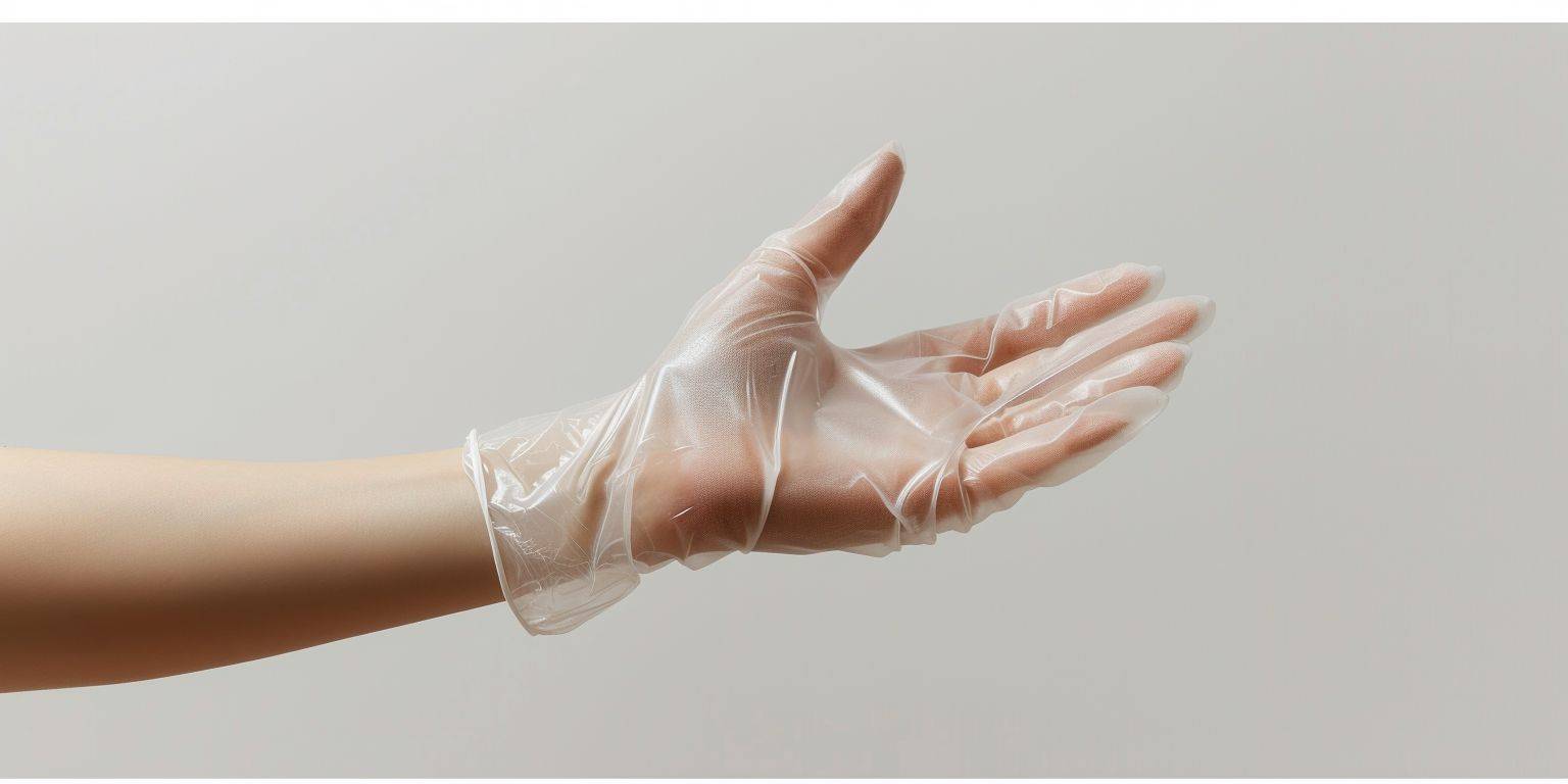 女の子の手、使い捨て手袋をはめる、透明手袋、厚手（手は愛以上）、真っ白な背景、非常に精巧、ディテール、写真グレード