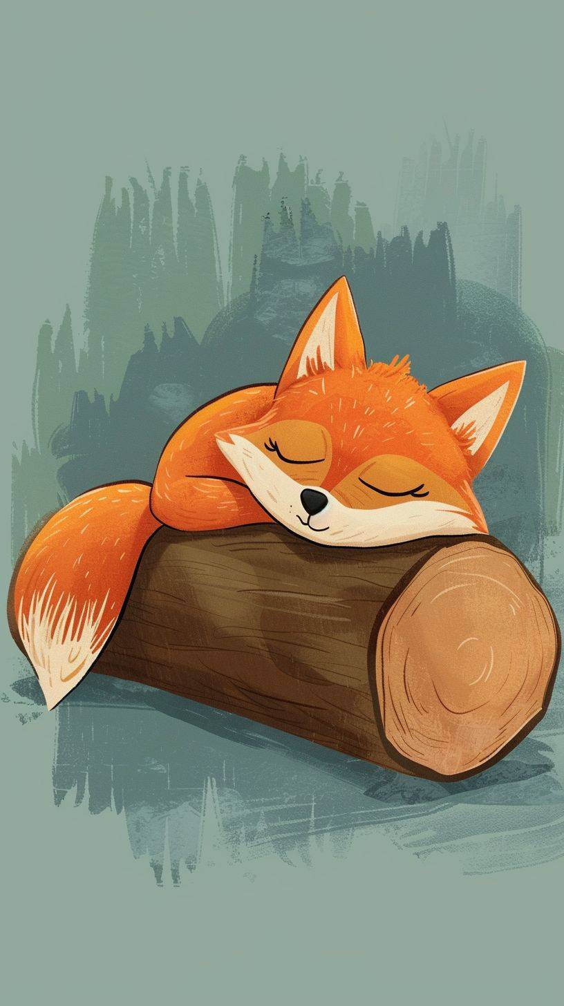 Digital illustration, cute kawaii fox, sleeping on log