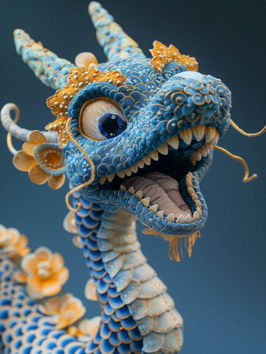 A blue and gold painted Chinese dragon figurine, full body, adorable, laughing, funny action, made of wool texture, the muppet, wool process, realistic fine details, conceptual embroideries, dark yellow and light indigo, intense close-ups, paper sculptures, hyper-realistic animal illustrations