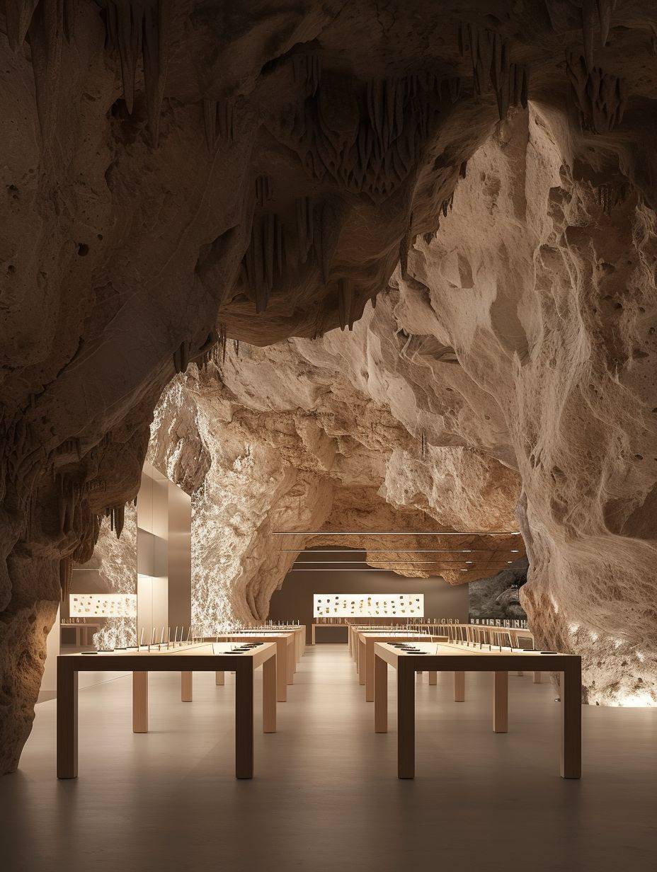 Photorealistic image of a cave transformed into an Apple Store, where the cave's natural formations are ingeniously incorporated into the room's design. Features include ambient lighting, modern comforts blended with the cave's rugged texture, and elements that highlight the unique integration of nature and functionality, resulting in a space that is both visually stunning and highly practical.