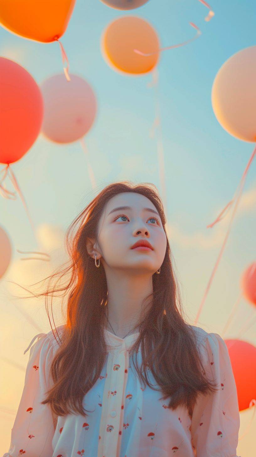 A 19-year-old cute Chinese girl stands under the sky, long hair, front view, colorful balloons in the sky, extra long shot, airy and light, dreamy lofi photography, super detail dreamy lofi photography, colorful, inside view, shot on fujifilm XT4 --ar 9:16 --v 6