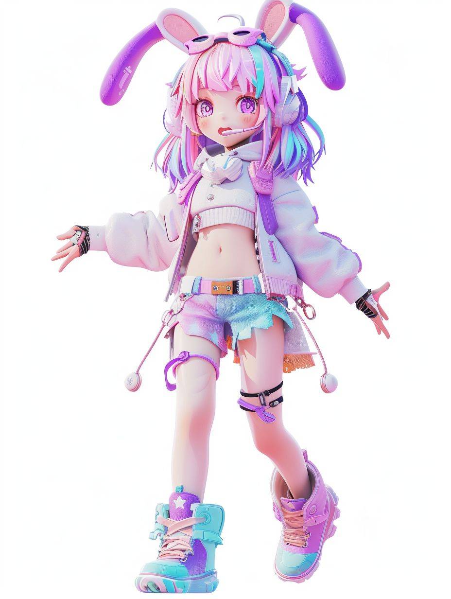 A cute anime character, same costume, different action, Vtuber character, game character, 3D, isolated on the white background