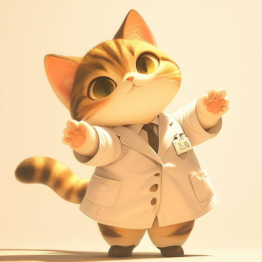 Adorable, friendly pharmacist character with a cat motif, 2 to 3 heads tall, in a lab coat, deformed illustration style. Rich facial detail, anthropomorphic quality, portrait photo, soft studio lighting, Canon EOS R5, drone shot angle, shutter speed 1/250s, deep depth of field, 50mm lens, aperture setting f/1.8, lens length 85mm, f-stop settings f/1.8, bright indoor lighting conditions, Ilford film stock