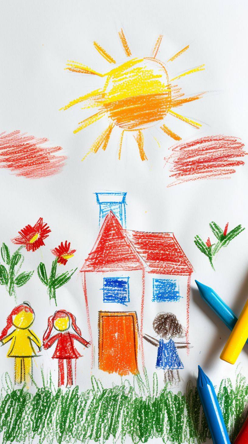 白い紙に子供が手で描いた色鉛筆の素朴な子供の絵、家族や家が描かれ、白い背景に孤立している
