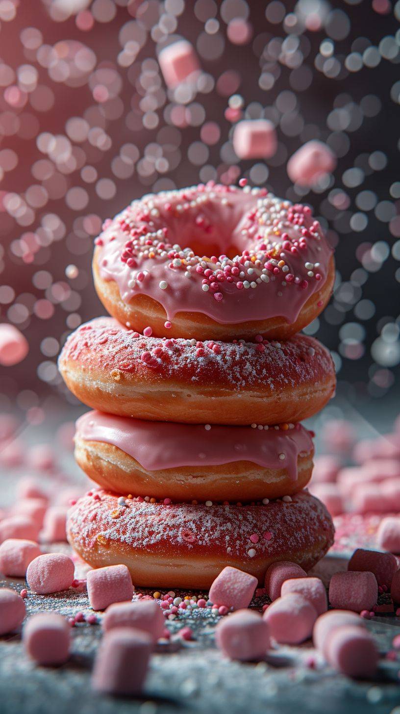 Two pink realistic donuts on the ground, marshmallows falling from the sky, modern simplicity, Felicia Simon, cinematic texture, low contrast film, photo, soft light, best quality, high quality, high detail, detailed decoration, Crazy details