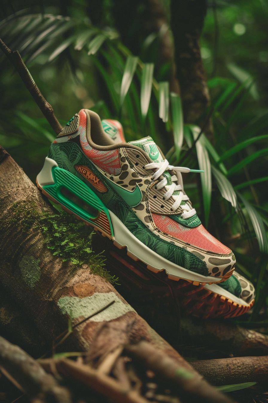 Creative product shot of a pair of custom Nike Air Max 90s inspired by ayahuasca, shot location is the Amazon Jungle. Shot on Fujifilm Superia, style raw, aspect ratio 2:3, aperture value 6.